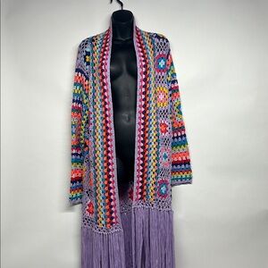Colorful Crochet cardigan small, long fringe, granny, squares, festival